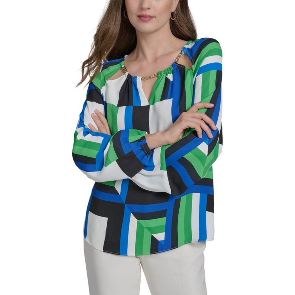 Halston Womens Printed Chain Neck Blouse